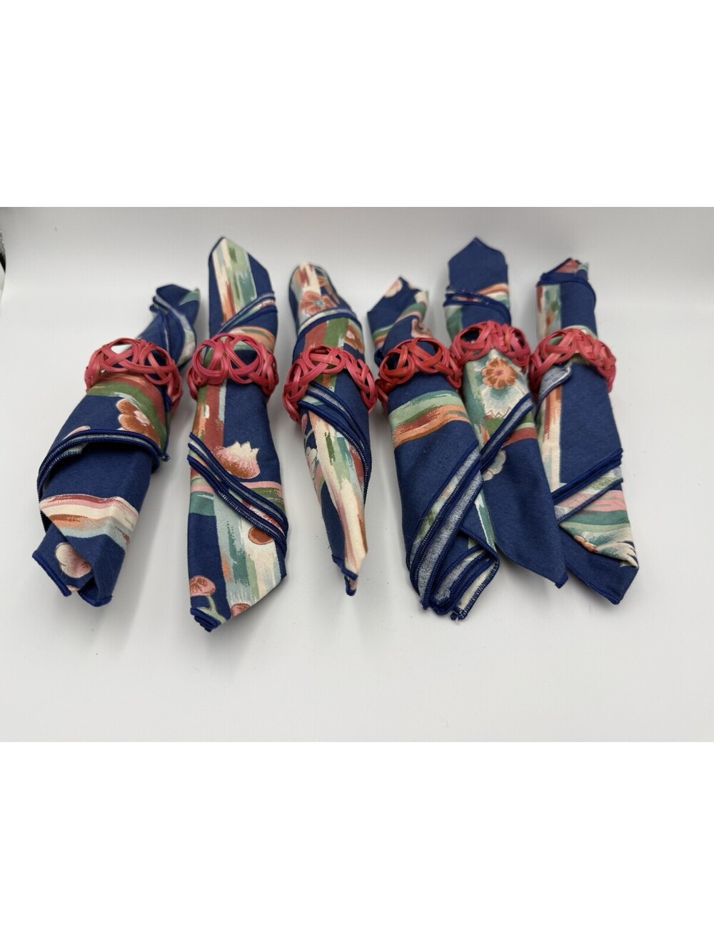 Blue Floral Cloth Napkins with Napkin Rings - Set of 6